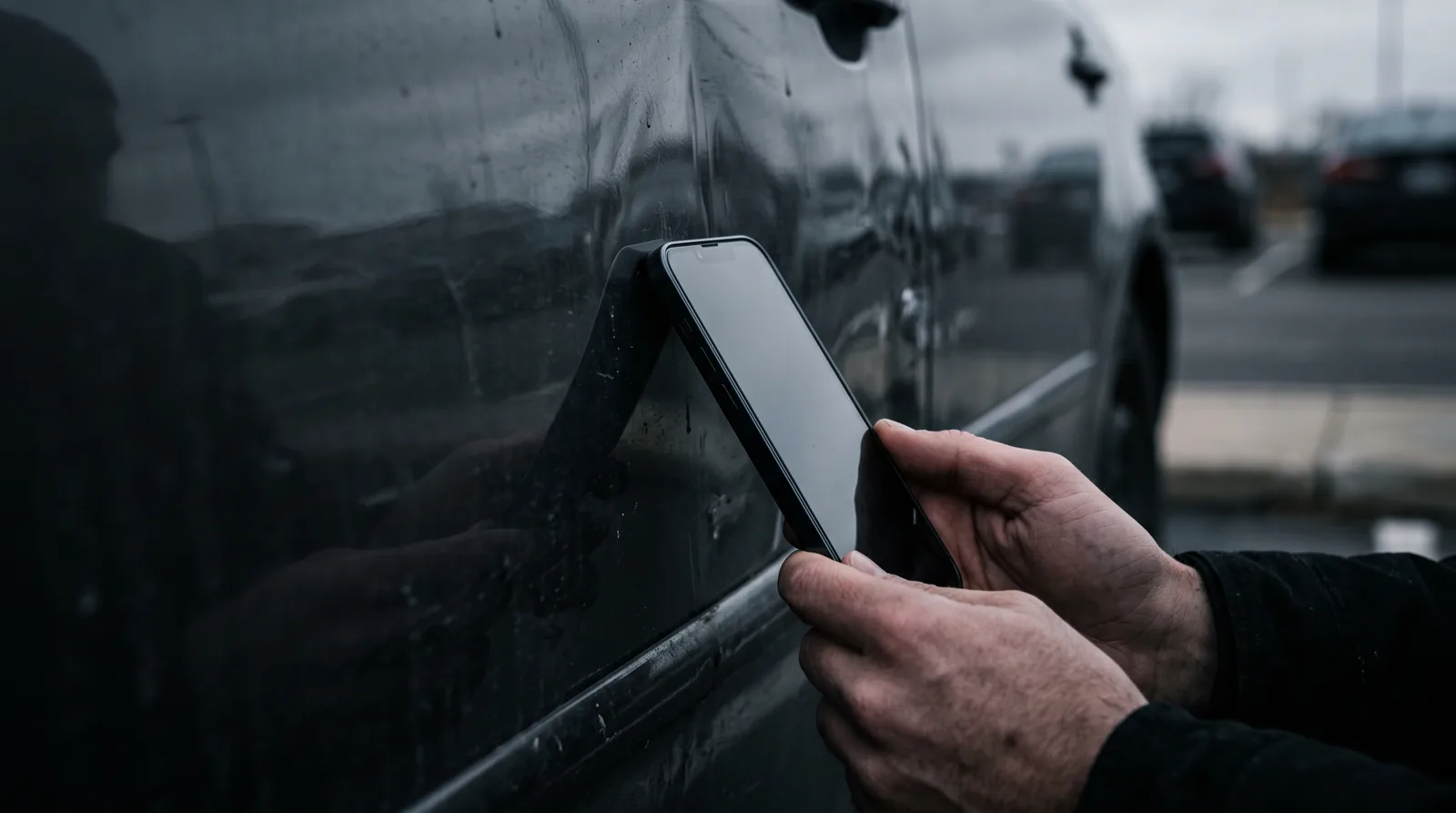 Mobil namířený podél dveří auta pod ostrým úhlem k důlku